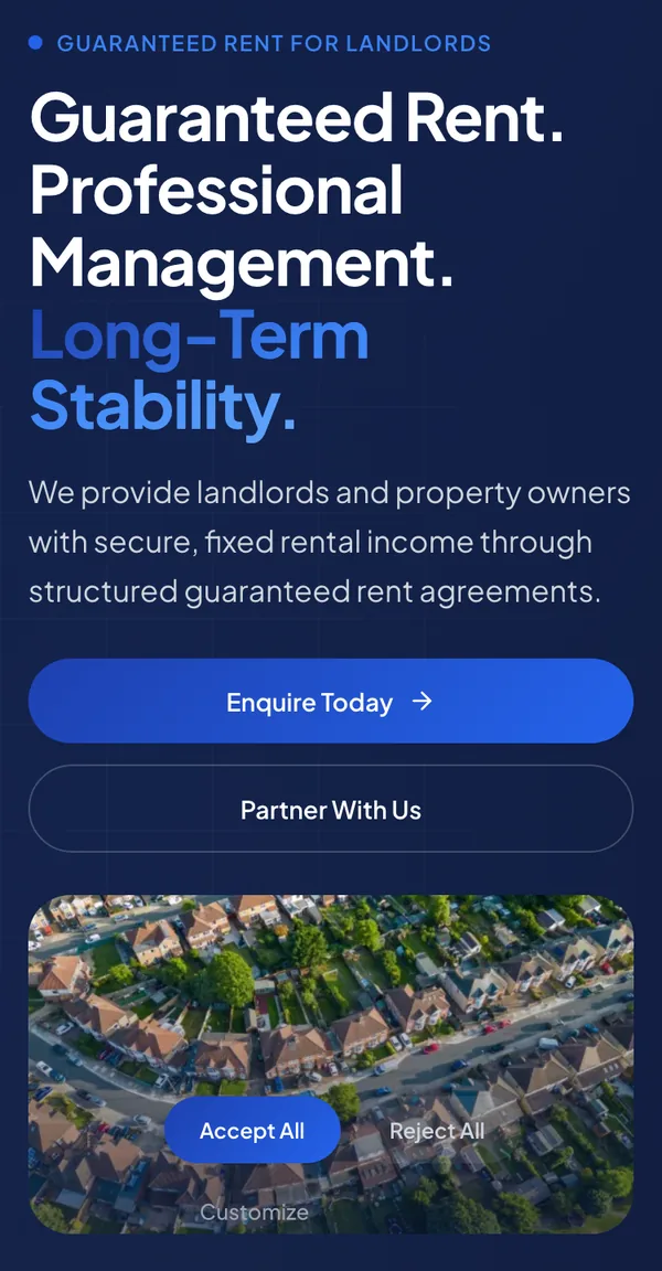 The Clearline Property site for landlords on a phone, headlined “Guaranteed Rent. Professional Management. Long-Term Stability.” in white and blue on deep navy, above a promise of secure fixed rental income.