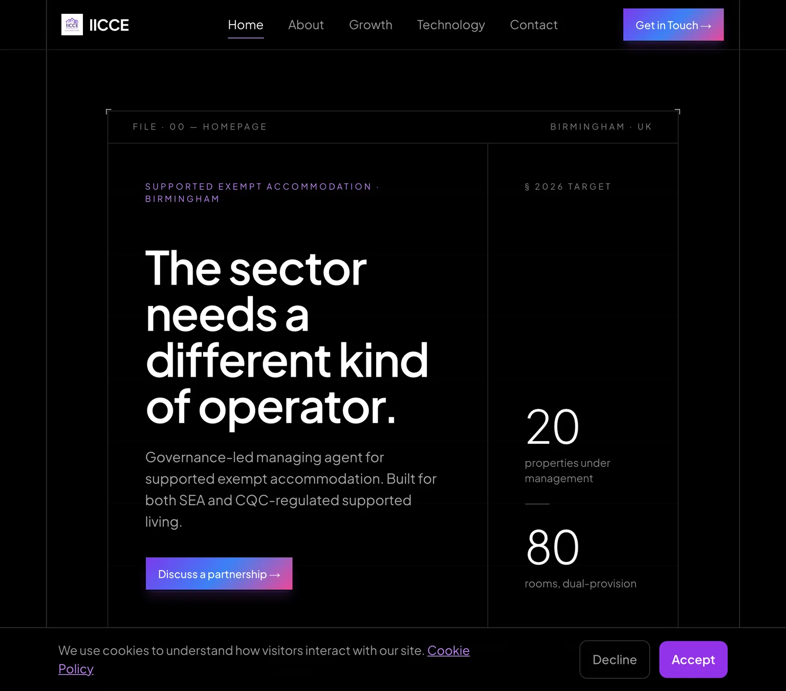 The IICCE partner site in a desktop browser: a black editorial layout labelled “FILE · 00 — HOMEPAGE”, headlined “The sector needs a different kind of operator”, beside a 2026 target of 20 properties.