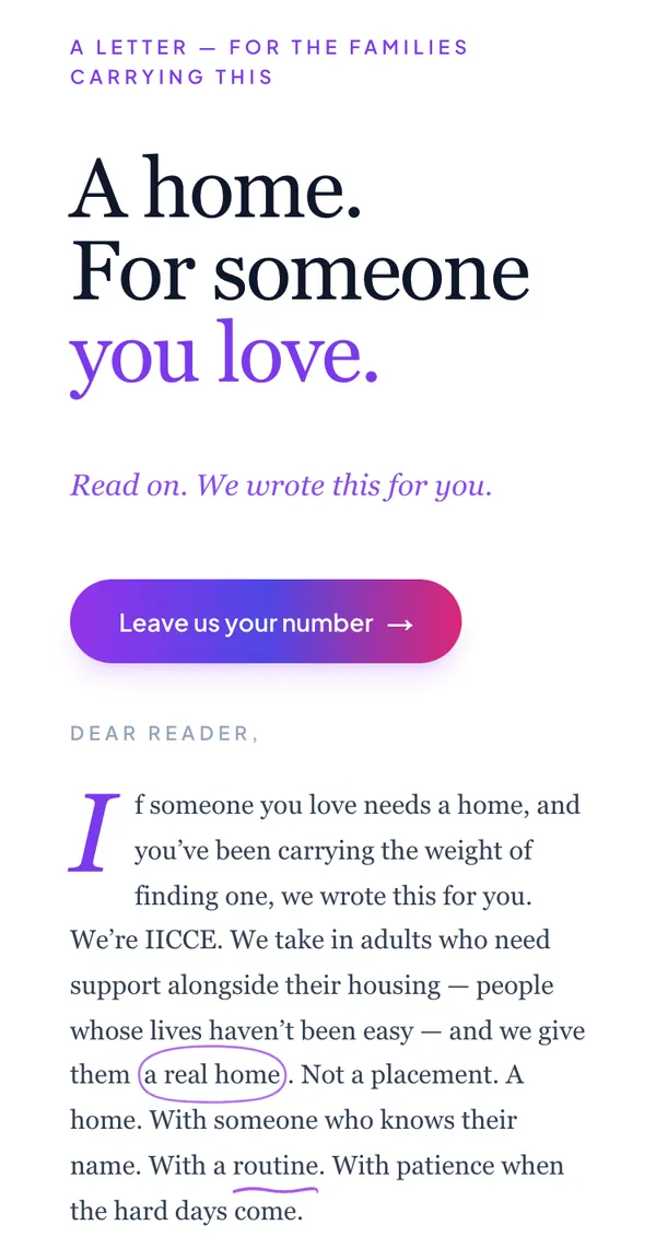 The IICCE family site on a phone, opening as a letter to families under the heading “A home. For someone you love.”, with a single “Leave us your number” button above the start of the letter.